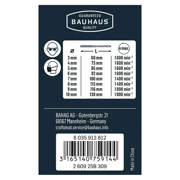 Craftomat Holzbohrer - 8 -tlg., Durchmesser Bohrer: 10 mm - Etikett mit Informationen zu Bauhaus-Bohrern: Größen, Längen, max. Drehzahlen und Sicherheitshinweise.