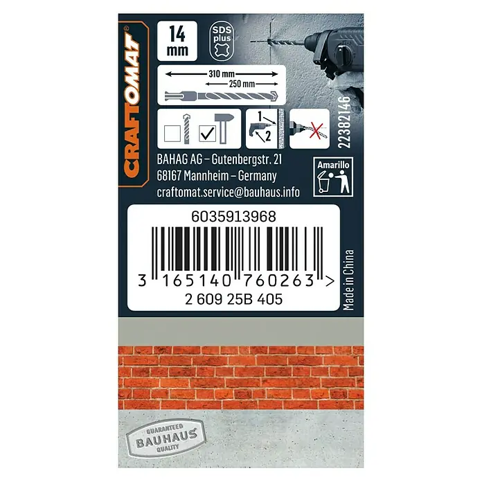 Craftomat SDS-Plus Betonbohrer - Länge: 310 mm, Durchmesser Bohrer: 14 mm - Produktetikett für einen 14 mm Craftomat SDS Plus Hammerbohrer mit technischen Daten und Herstellerinformationen.