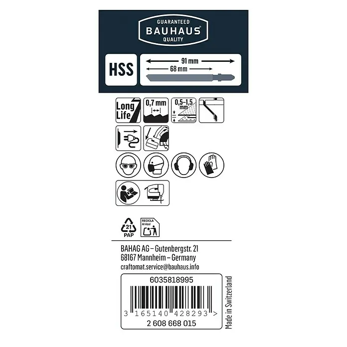 Craftomat Stichsägeblatt T 118 G - Blech, 2 -tlg., T-Schaft - Abbildung eines Bauhaus HSS Sägeblatts mit Qualitätsgarantie, Maßangaben und Sicherheitshinweisen, hergestellt in der Schweiz.