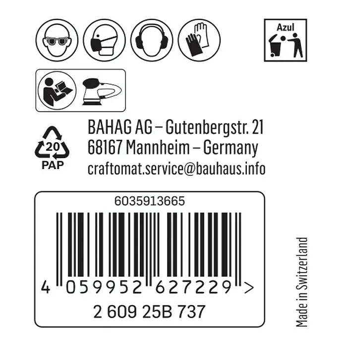 Craftomat Haftschleifscheiben - Körnung: 180, Durchmesser: 150 mm, 1 Stk. - Bild einer Produktkennzeichnung mit Warnhinweisen, Kontaktdaten und Barcode.