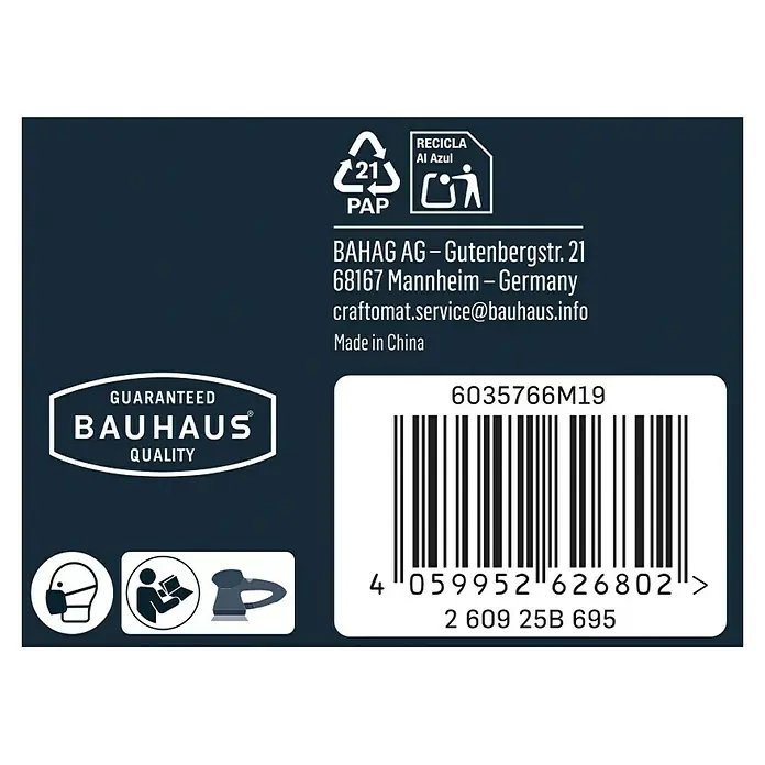 Craftomat Zwischenscheibe - Durchmesser: 125 mm, Passend für: Exzenterschleifer - Etikett mit Recycling-Symbolen, Bauhaus Qualitätsgarantie, Adresse, Herkunftsinformationen und Barcode für ein Bauhaus-Produkt.