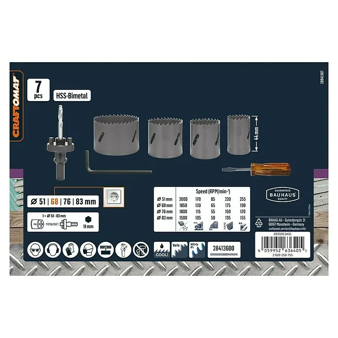 Craftomat Lochsägen-Set HSS Bi-Metall - 7 -tlg. - CRAFTOMAT 7-teiliges HSS-Bimetall Lochsägenset mit verschiedenen Größen für präzise und saubere Schnitte in unterschiedlichen Materialien.