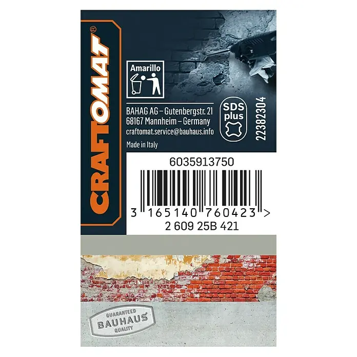 Craftomat SDS-Plus-Spatmeißel - Länge: 250 mm, Breite: 40 mm - Nahaufnahme eines Craftomat-Produktetiketts mit Produktdetails, Barcode und Herstellerinformationen auf einem Karton.