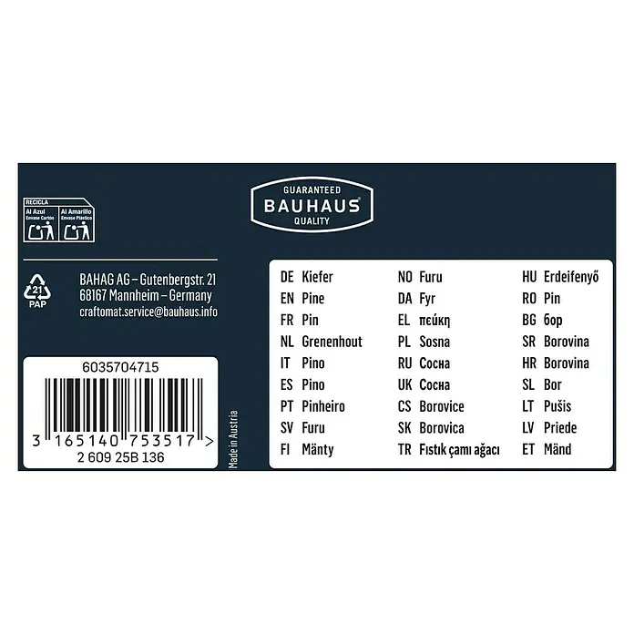 Craftomat Holzzapfen - Durchmesser: 25 mm, 20 Stk. - Produktverpackung mit Informationen zu Hersteller, Barcode, Recyclinghinweisen und Übersetzungen für "Kiefer".