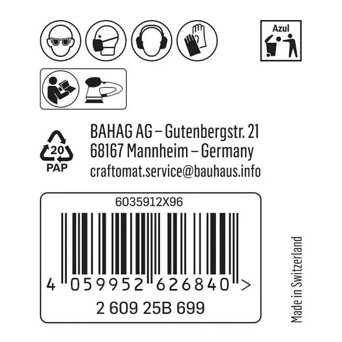 Craftomat Schleifnetz - Durchmesser: 125 mm, Körnung: 80, 1 Stk. - Etikett mit Produktinformationen, Sicherheitsvorkehrungen, Recyclinghinweisen und Barcode für einfache Identifizierung.