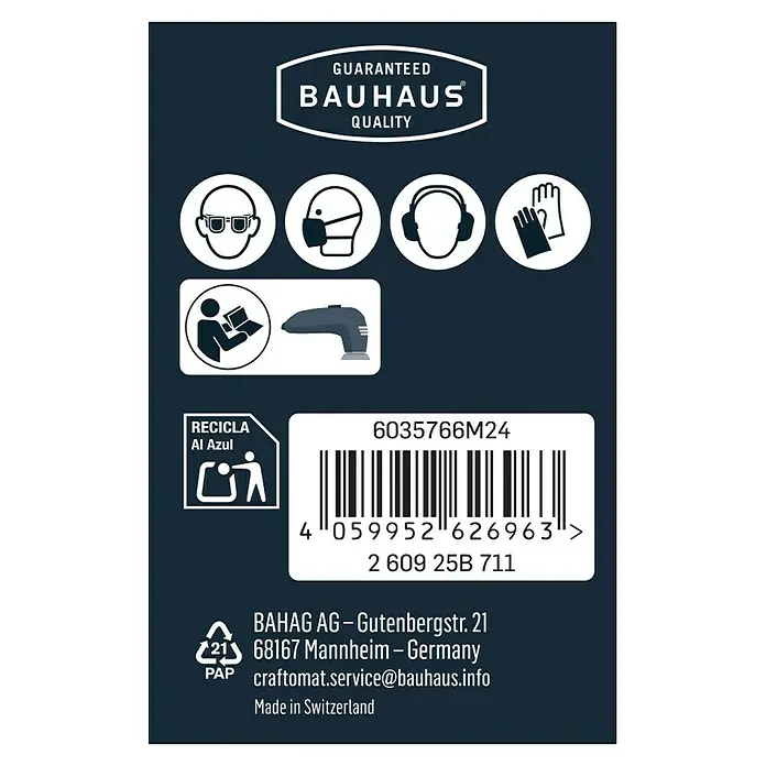 Craftomat Schleifgitter-Set - Körnung: 80 - 180, 93 x 93 mm, 6 Stk. - Produktverpackungsetikett mit Sicherheitsvorkehrungen, Barcode und Herstellerinformationen für ein Bauhaus-Qualitätsprodukt.