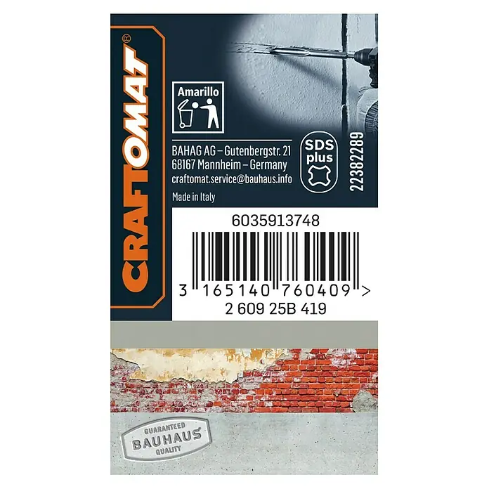 Craftomat Kanalmeißel - Länge: 250 mm, SDS Plus - Produktverpackung von CRAFTOMAT, die eine Bohrmaschine, SDS-Plus-Logo, Barcode und Herstellerinformationen zeigt.