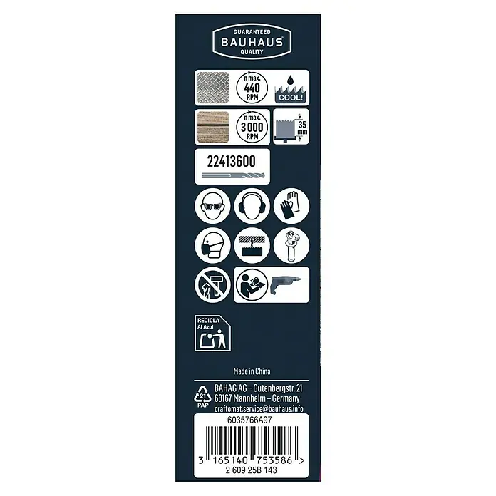 Craftomat Lochsäge - 20 mm, Stahl, Durchmesser Schaft: 10 mm HEX - Produktinformationen: Garantierte Bauhaus-Qualität, maximale Drehzahlen, Modellnummer und Sicherheitshinweise für das Produkt.