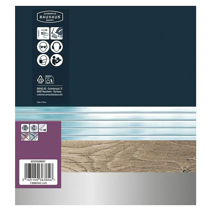 Craftomat Kreissägeblatt HM Alu - 130 mm, Bohrung: 16 mm, Anzahl Zähne: 40 Stk. - Produktverpackung mit Sicherheitsinformationen, Größenangaben und Barcode für den Einzelhandel.