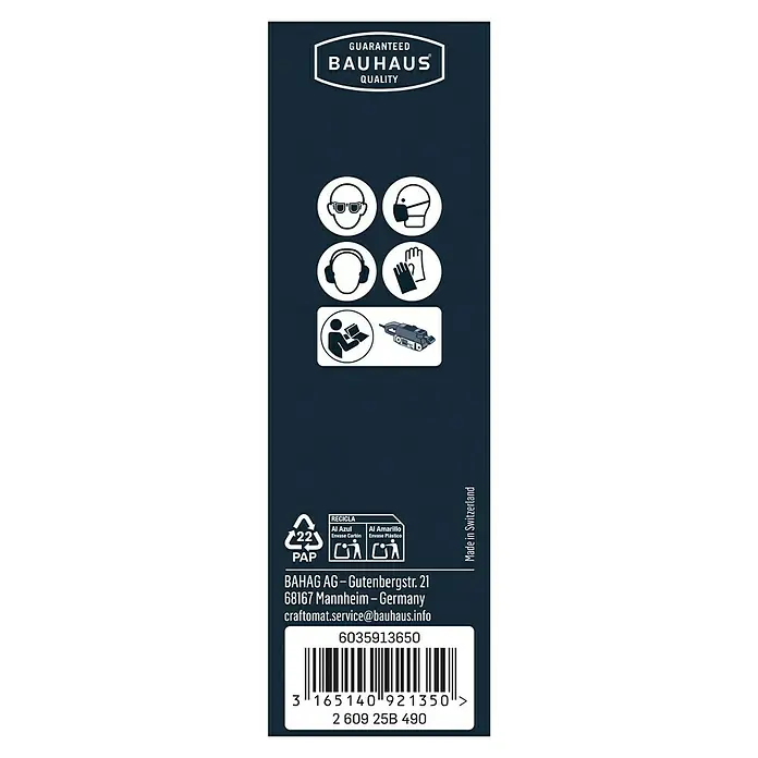 Craftomat Schleifband BFWP - L x B: 457 x 75 mm, Körnung: 180, 3 Stk. - Produktverpackungs-Etikett von Bauhaus mit Sicherheitsvorkehrungen, Recyclinghinweisen, Herstellerinformationen, Barcode und Herkunftsland.