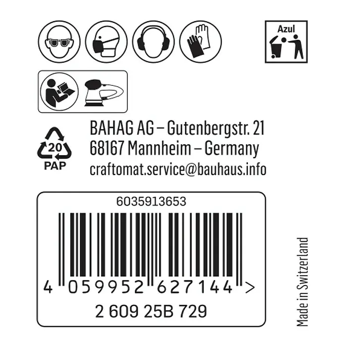 Craftomat Haftschleifscheiben - Körnung: 40, Durchmesser: 125 mm, 1 Stk. - Produktinformationen mit Sicherheitsymbolen, Adresse des Herstellers, Recyclinghinweis, Barcode und Herkunftsland.