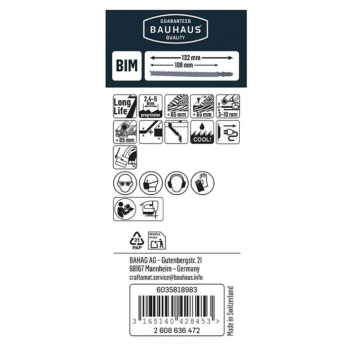 Craftomat Stichsägeblatt T 345 XF - Bauholz/Blech, 2 -tlg., T-Schaft - Abbildung einer Bauhaus BIM Stichsäge mit einer Länge von 132mm und einer Schnittlänge von 108mm, ideal für lange Lebensdauer und progressive Schnitte.