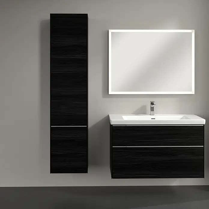 Villeroy & Boch Subway 3.0 Hochschrank - B x T x H: 40 x 36,2 x 171 cm, 2x Tür, Black Oak, Farbe Griff: Aluminium glänzend, DIN Anschlag: Links - Elegantes Badezimmer-Set mit dunklem Waschtischunterschrank, Spiegelschrank und Hochschrank. Modernes Design für stilvolle Badezimmer.