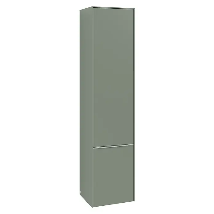 Villeroy & Boch Subway 3.0 Hochschrank - B x T x H: 40 x 36,2 x 171 cm, 2x Tür, Soft Green, Farbe Griff: Aluminium glänzend, DIN Anschlag: Links - Ein moderner, grauer Kühlschrank mit zwei Türen. Ideal für jede Küche und bietet stilvolle Funktionalität.
