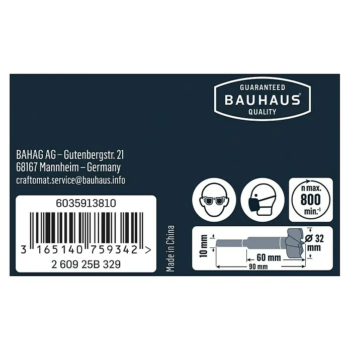 Craftomat Holzbohrer - 1 Stk., Durchmesser Bohrer: 32 mm - Informationen zu einem Bauhaus-Produkt, inklusive Herstelleradresse, Barcode, Sicherheitsvorkehrungen und Produktabmessungen.