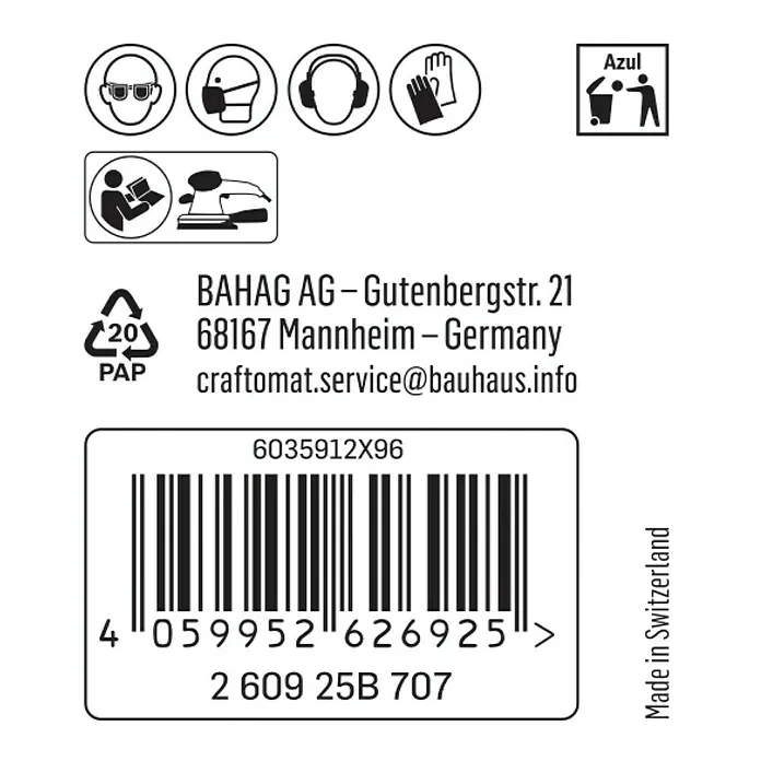 Craftomat Schleifnetz - 186 x 93 mm, Körnung: 80, 1 Stk. - Informationen zum Produktetikett mit Sicherheitsvorkehrungen, Herstelleradresse und Barcode für einfache Identifizierung.