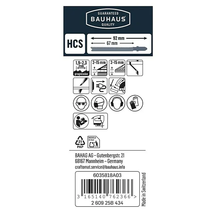Craftomat Stichsägeblatt T 119 B - Weichholz/Spanplatte, 3 -tlg., T-Schaft - Etikett einer Bauhaus Stichsäge mit Herstellerinformationen, Schnittlängenangabe, Materialhinweisen, Warnsymbolen und Recyclinghinweisen.