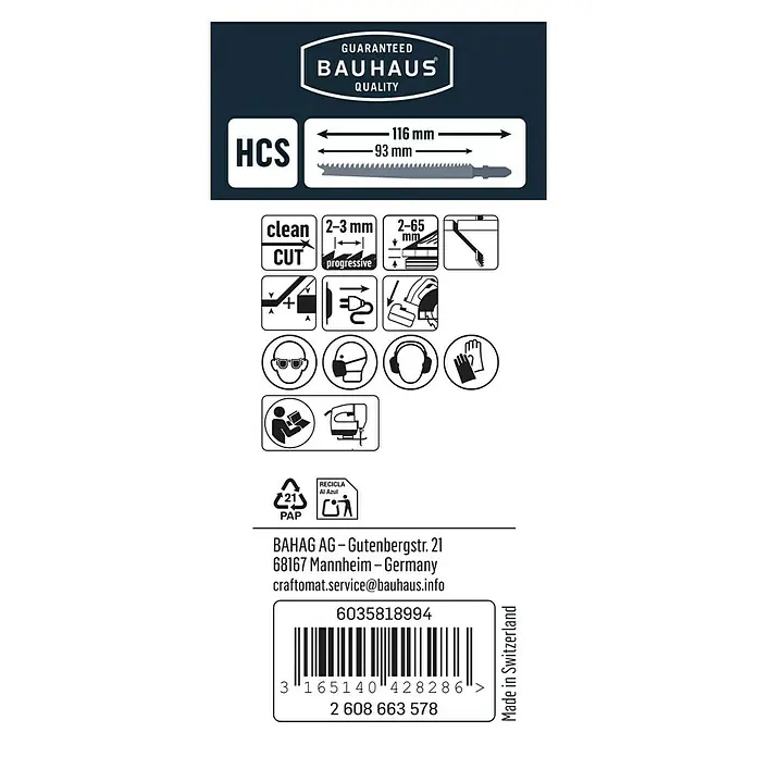 Craftomat Stichsägeblatt T 234 X - Weichholz/Spanplatte, 2 -tlg., T-Schaft - Abbildung eines HCS BAUHAUS-Sägeblatts mit den Maßen 116 mm Länge und 93 mm Schnittlänge, zusammen mit zugehörigen Sicherheitshinweisen.