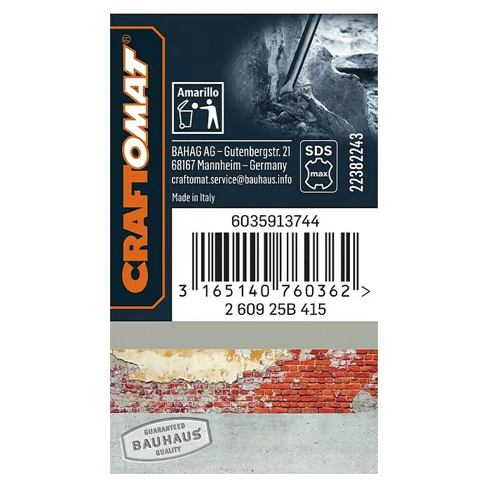 Craftomat Flachmeißel - Länge: 280 mm, SDS Max - Produktetikett von CRAFTOMAT mit Barcode, Bauhaus-Qualitätssiegel, Recyclinghinweis und Herstellerinformationen für Bauwerkzeuge.