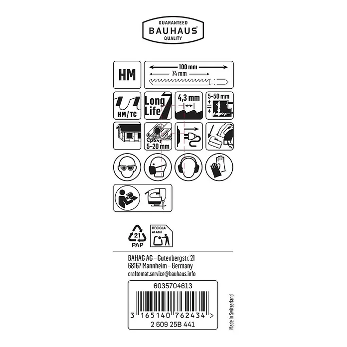 Craftomat Stichsägeblatt T 141 HM - Gipskarton, T-Schaft - Abbildung eines Bauhaus-Sägeblatts mit Qualitätsgarantie, HM/TC-Kennzeichnung, langer Lebensdauer und diversen Sicherheitshinweisen.