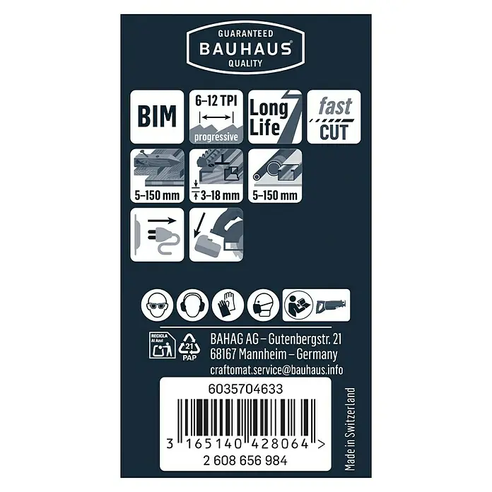 Craftomat Säbelsägeblatt S 3456 XF - Holz/Metall, 2 -tlg., Zahnabstand: 2,1 mm - 4,3 mm - Bauhaus Sägeblatt-Verpackung mit Qualitätsgarantie, BIM-Technologie, variabler Verzahnung (6-12 TPI) und Hinweisen zur Materialstärke.