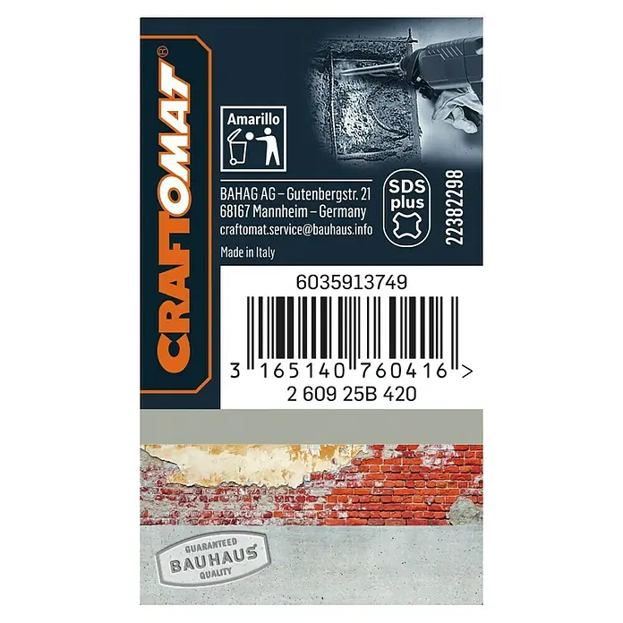 Craftomat SDS-Plus-Spitzmeißel - Länge: 250 mm - Produktetikett von CRAFTOMAT mit Informationen zu Hersteller, Barcode und Gütesiegel von BAUHAUS.