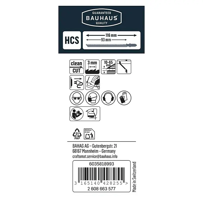 Craftomat Stichsägeblatt T 301 CD - Weichholz/Spanplatte, 2 -tlg., T-Schaft - Produktetikett einer Bauhaus HCS Stichsäge mit technischen Details, Sicherheitsinformationen und Recyclinghinweisen.