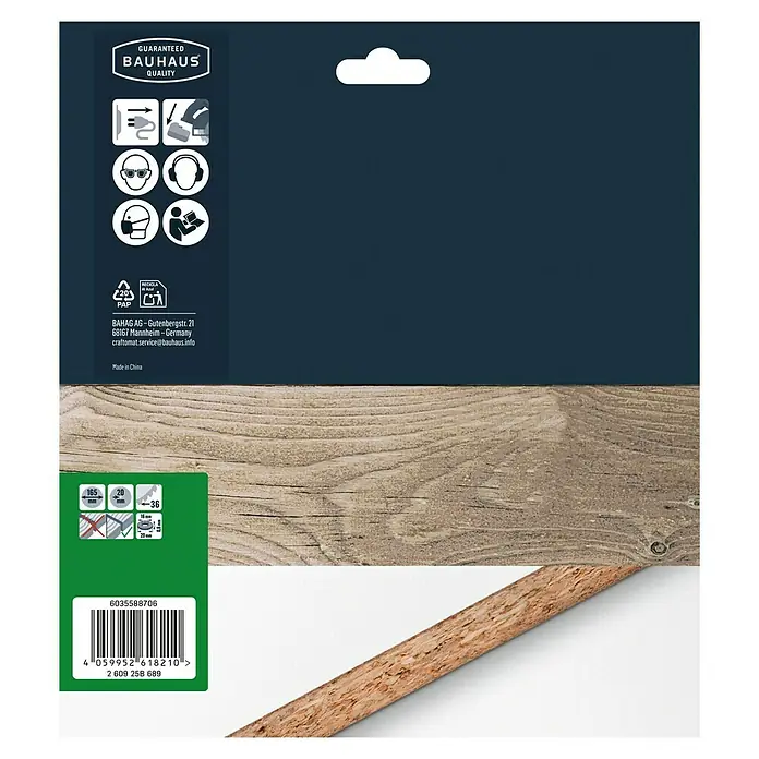 Craftomat Kreissägeblatt Holz - 165 mm, Bohrung: 20 mm, Anzahl Zähne: 36 Stk. - Produktverpackung von Bauhaus mit Qualitätsgarantie, Schutzhinweisen und Barcode für einfache Identifizierung.