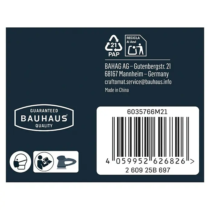 Craftomat Zwischenscheibe - Durchmesser: 150 mm, Passend für: Exzenterschleifer - Produktverpackung mit Recyclinghinweisen, Bauhaus Qualitätsgarantie, Barcode und Herstellerinformationen.