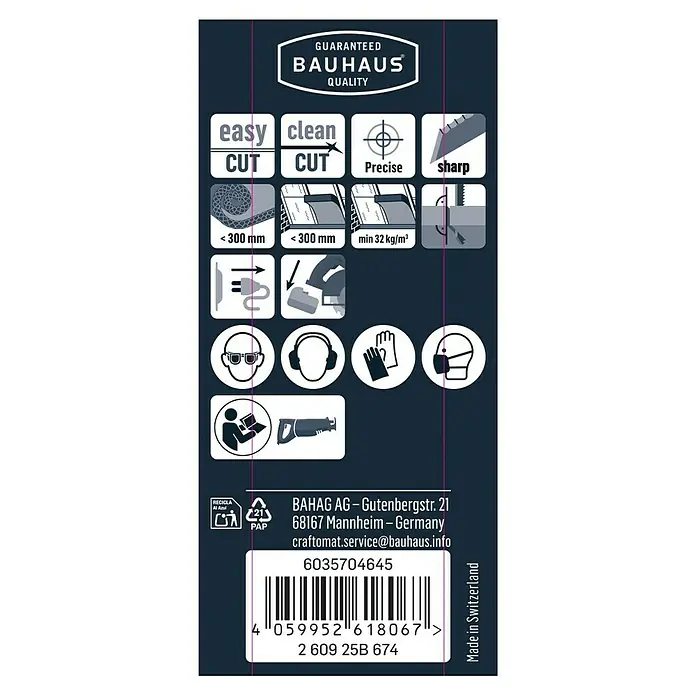Craftomat Säbelsägeblatt S 2013 AWP - Länge: 400 mm - Produktetikett mit Hinweisen zu einfacher, sauberer und präziser Anwendung, sowie Schutzmaßnahmen.