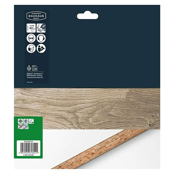 Craftomat Kreissägeblatt Holz - 210 mm, Bohrung: 30 mm, Anzahl Zähne: 48 Stk. - Produktverpackung: Eine Holzleiste von Bauhaus, verpackt mit Bauhaus-Qualitätsgarantie und Produktdetails.