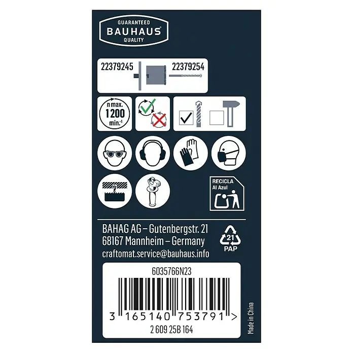 Craftomat Lochsäge - Durchmesser Bohrer: 73 mm - Produktetikett von Bauhaus mit Informationen zu Produkteigenschaften, Sicherheitshinweisen und Recyclinghinweisen.