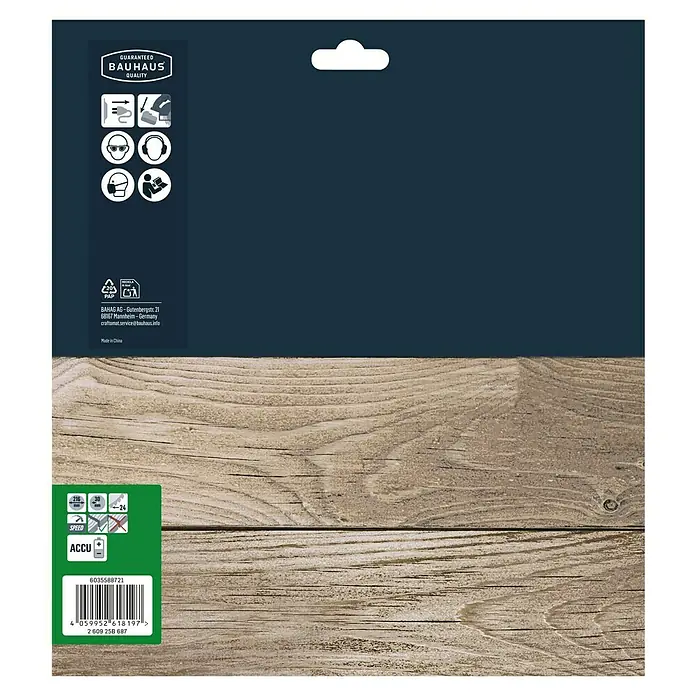Craftomat Kreissägeblatt Accu Holz - 216 mm, Bohrung: 30 mm, Anzahl Zähne: 24 Stk. - Produktverpackung mit Bauhaus-Qualitätsgarantie, Produktsicherheitsinformationen und Barcode für einfache Identifizierung.