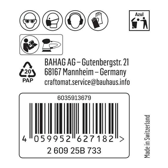 Craftomat Haftschleifscheiben - Körnung: 240, Durchmesser: 125 mm, 1 Stk. - Etikett mit Warnsymbolen, Entsorgungshinweisen, Barcode, Herstellerinformationen und Herstellungsort Schweiz.