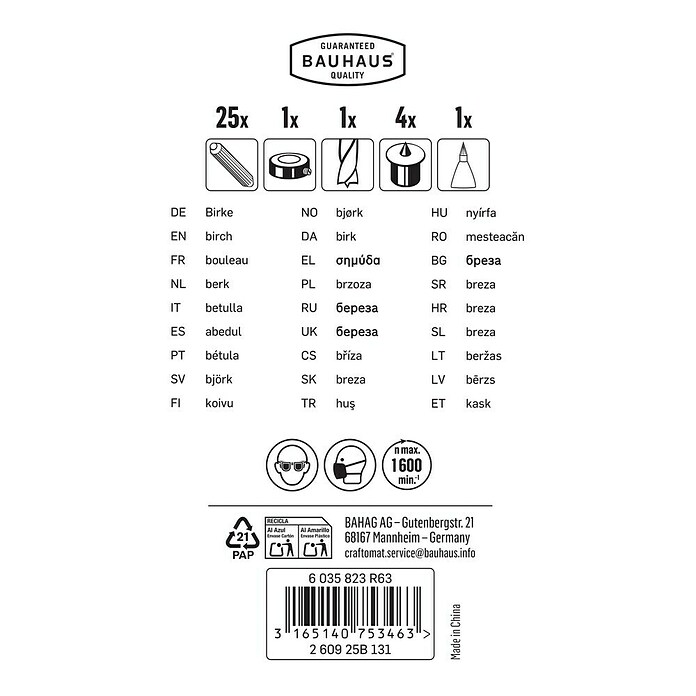Craftomat Holzdübel-Set (Ø x L: 6 x 30 mm, 32-tlg.)