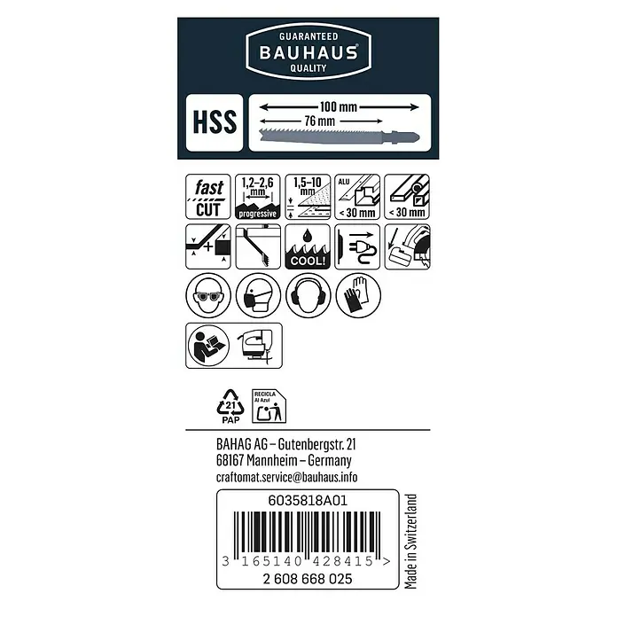 Craftomat Stichsägeblatt T 123 X - Metall, 2 -tlg., T-Schaft - Abbildung einer Stichsäge von Bauhaus, die für schnelle Schnitte und verschiedene Materialien geeignet ist. Inklusive Sicherheitshinweise.