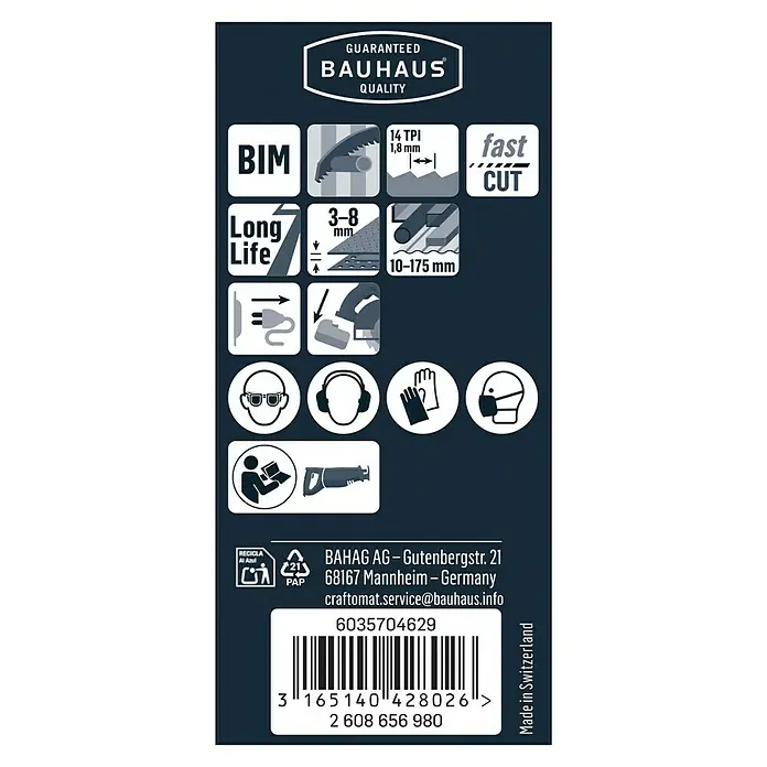 Craftomat Säbelsägeblatt S 1122 BF - Metall, 2 -tlg., Zahnabstand: 1,8 mm - Bild einer Produktspezifikationsetikette für eine Säge mit Informationen zu Schnitttiefe, Material und Sicherheitsvorkehrungen.