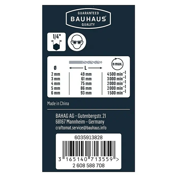 Craftomat Bohrer-Set 6-Kant - 5 -tlg. - Produktinformationen: Bohrerdetails, Größe, Länge, maximale Drehzahl und Herstellerangaben auf der Verpackung.