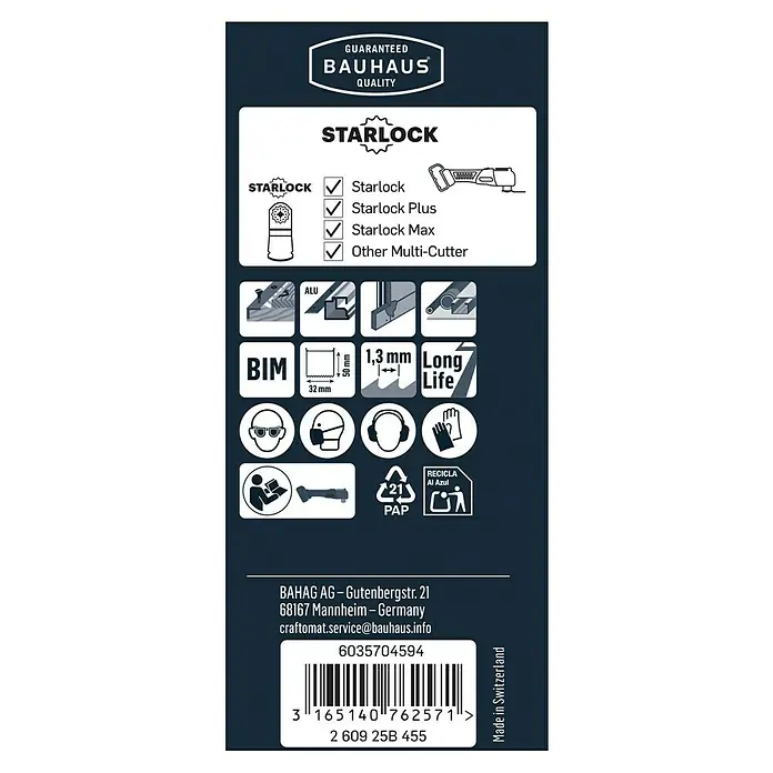 Craftomat Tauchsägeblatt AIZ 32 AB - 32 mm, Geeignet für: Buntmetalle - Detailansicht der Produktverpackung einer oszillierenden Säge von Bauhaus, die StarLock-Kompatibilität und Anwendungsmerkmale hervorhebt.