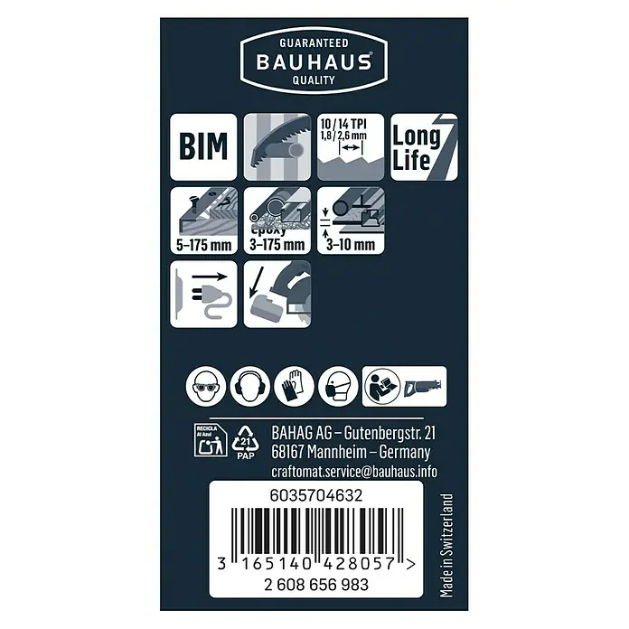 Craftomat Säbelsägeblatt S 1122 VF - Holz/Metall, 2 -tlg., Zahnabstand: 1,8 mm - 2,6 mm - Bild einer Bauhaus Sägeblattverpackung mit Garantiehinweis, BIM, Zahnteilung, Lebensdauer, Schnittbereich, Sicherheitsvorkehrungen und Barcode.