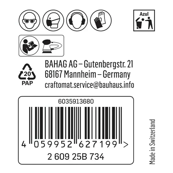 Craftomat Haftschleifscheiben - Körnung: 40, Durchmesser: 150 mm, 1 Stk. - Abbildung mit Sicherheitshinweisen, Recyclingcode und Barcode eines Produkts von BAHAG AG aus Mannheim, Deutschland.