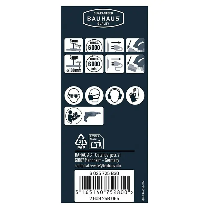 Craftomat Reinigungsscheibe - Siliciumkarbid-Vlies, Passend für: Bohrfutter - Informationen und Sicherheitshinweise für das BAUHAUS-Produkt, einschließlich Abmessungen, Drehzahl und erforderliche Schutzausrüstung.