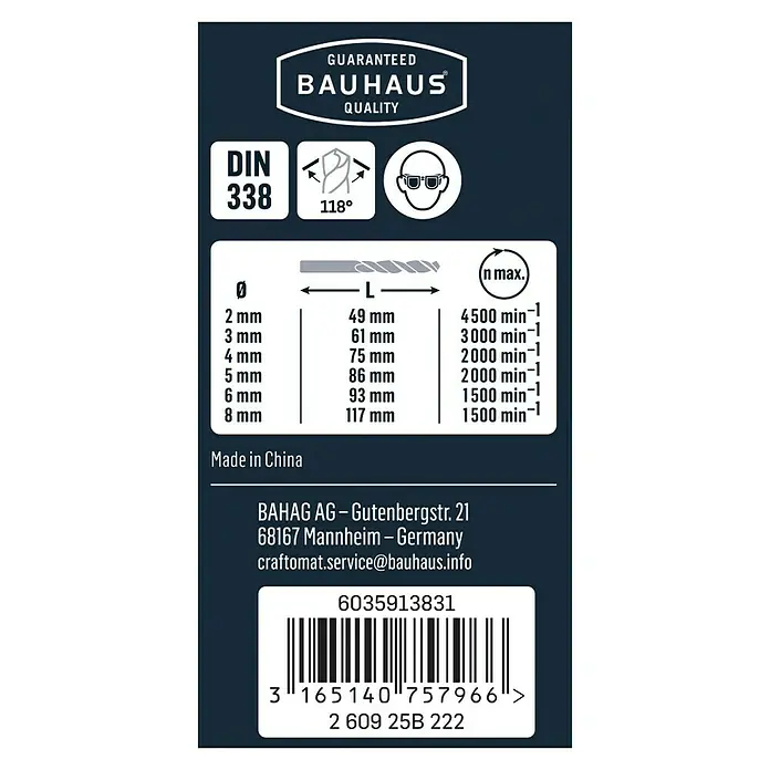 Craftomat Bohrer-Set HSS-R - 6 Stk., Durchmesser Bohrer: 8 mm - Etikett einer Bauhaus-Bohrerpackung mit Größenangaben, Drehzahl und Sicherheitsvorkehrungen.