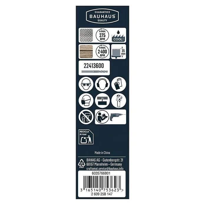 Craftomat Lochsäge - 32 mm, Stahl, Durchmesser Schaft: 10 mm HEX - Produktetikett mit Informationen zu Sicherheitsvorkehrungen und Spezifikationen, einschließlich Bohrdrehzahl und Materialeignung.