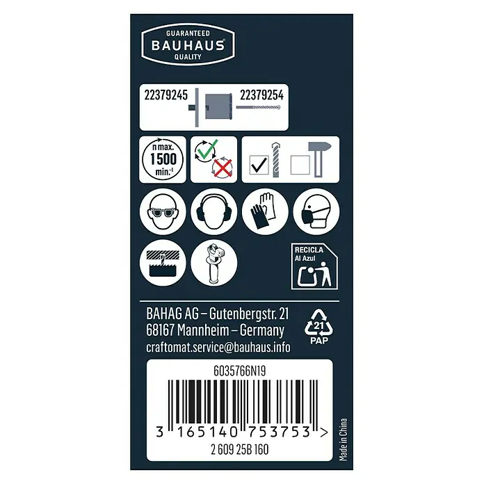 Craftomat Lochsäge - Durchmesser Bohrer: 33 mm - Produktinformationen mit Bauhaus-Qualitätsgarantie, Produktnummern, Sicherheitshinweisen und Recyclinginformationen.
