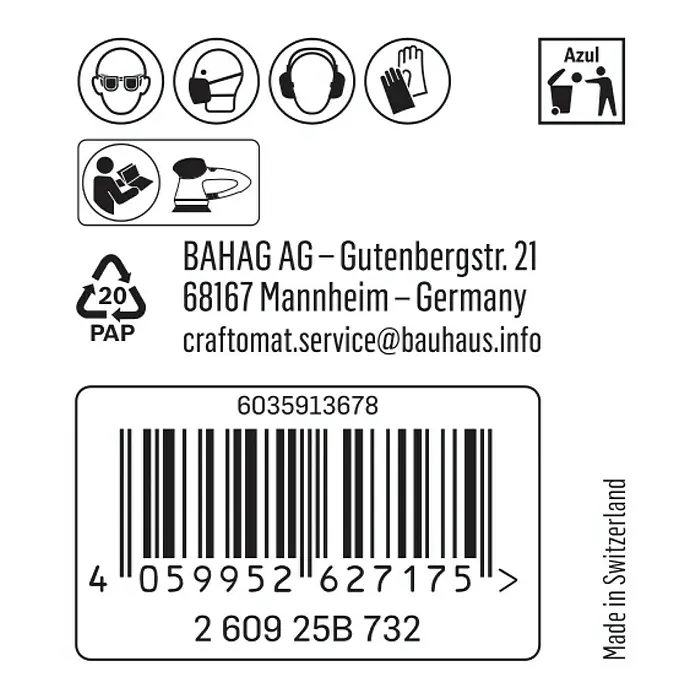 Craftomat Schleifblätter - Körnung: 180, Durchmesser: 125 mm, 1 Stk., 8 Löcher - Produktinformationen mit Warnsymbolen, Barcode, Herstellerdetails und Hinweis auf "Made in Switzerland".