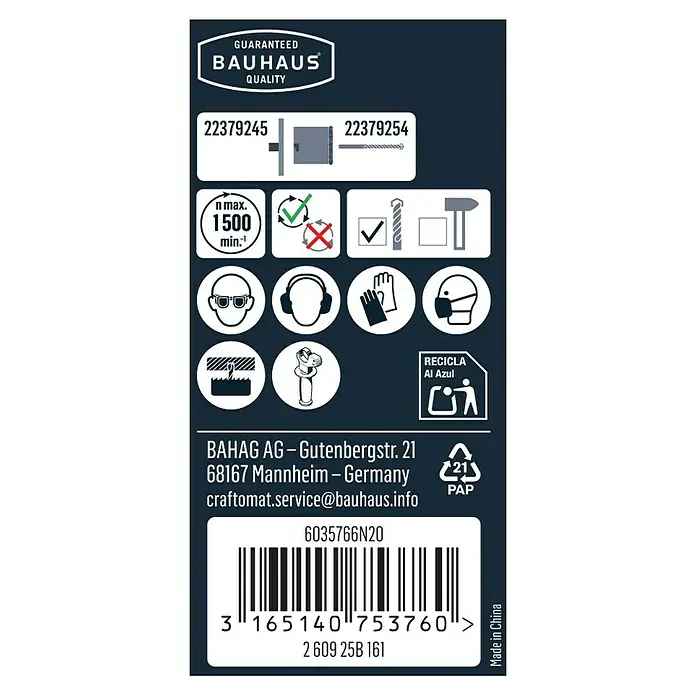 Craftomat Lochsäge - Durchmesser Bohrer: 43 mm - Information zur Bauhaus-Qualität mit Produktnummern, Sicherheitshinweisen, Recyclinghinweisen und Herstellerinformationen.