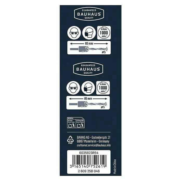 Craftomat Holzbohrer mit Senker - Durchmesser Bohrer: 5 mm - Produktverpackung mit Sicherheits- und Recyclinghinweisen, inklusive Bohrer-Illustration, Größenangaben und Herstellerinformationen.