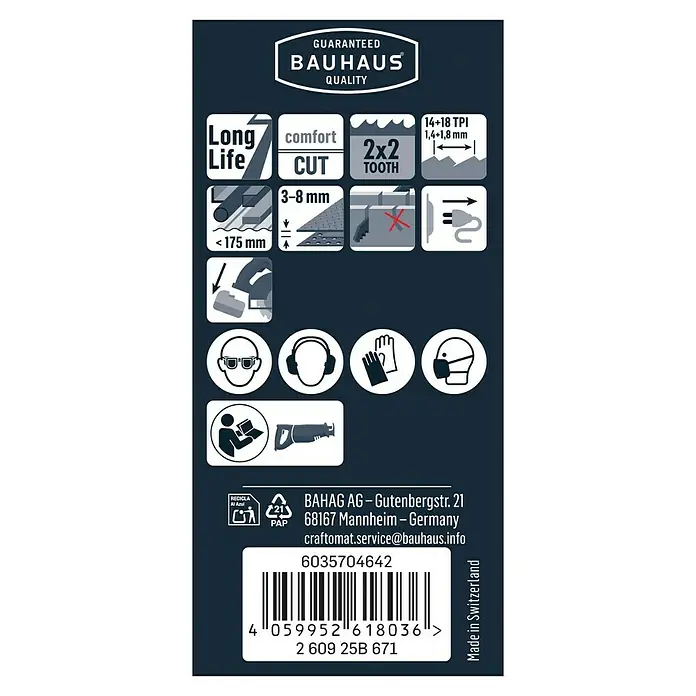 Craftomat Säbelsägeblatt S 1127 BEF - Länge: 289 mm - Abbildung einer Sägeblattverpackung von Bauhaus mit detaillierten Angaben zu Eigenschaften und Sicherheitsvorkehrungen.