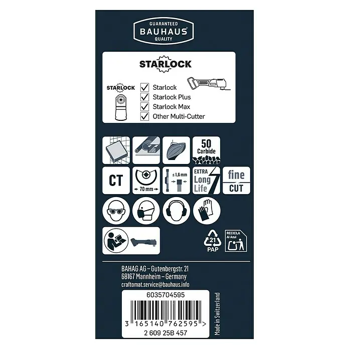 Craftomat Hartmetall-Segmentsägeblatt ACZ 65 RT - 65 mm - Produktdetailabbildung: BAUHAUS Qualitätsgarantie, STARLOCK-Kompatibilität und Anwendungshinweise für optimale Nutzung.